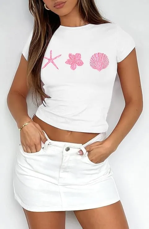 Women Y2K Baby T Shirt Hawaiian Flower Graphic Crop Tops Glitter Floral Shirts Vintage Aesthetic Summer Tops