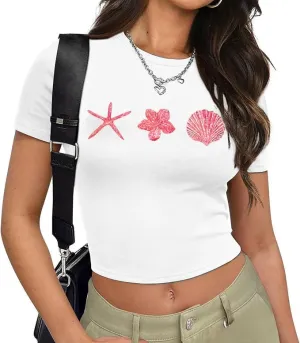 Women Y2K Baby T Shirt Hawaiian Flower Graphic Crop Tops Glitter Floral Shirts Vintage Aesthetic Summer Tops