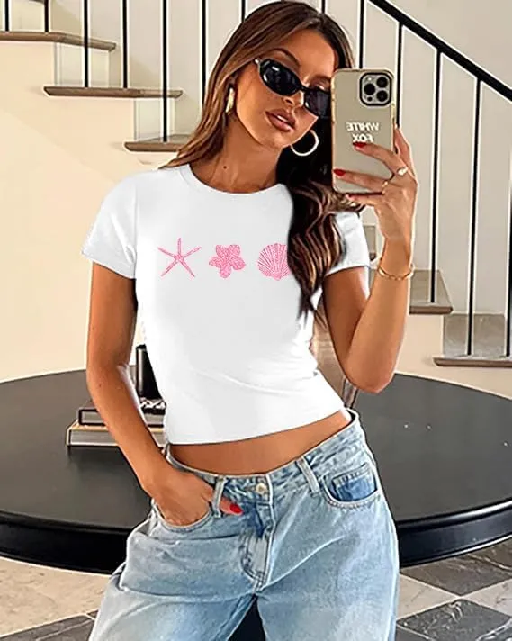 Women Y2K Baby T Shirt Hawaiian Flower Graphic Crop Tops Glitter Floral Shirts Vintage Aesthetic Summer Tops