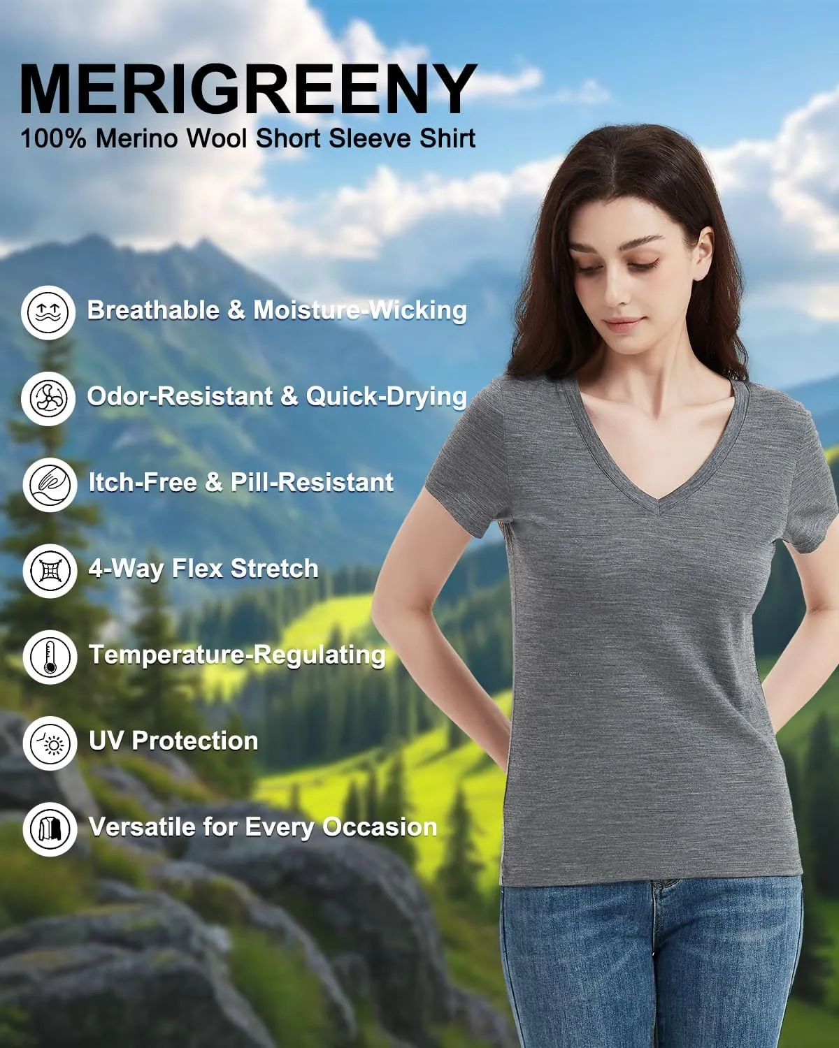 Women's 100% Merino Wool T-Shirt, V Neck Lightweight Moisture-Wicking Athletic Base Layer Tops for Running