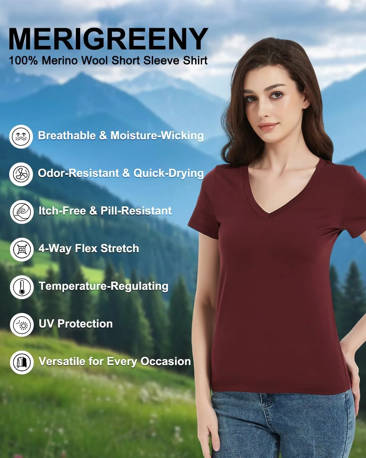 Women's 100% Merino Wool T-Shirt, V Neck Lightweight Moisture-Wicking Athletic Base Layer Tops for Running