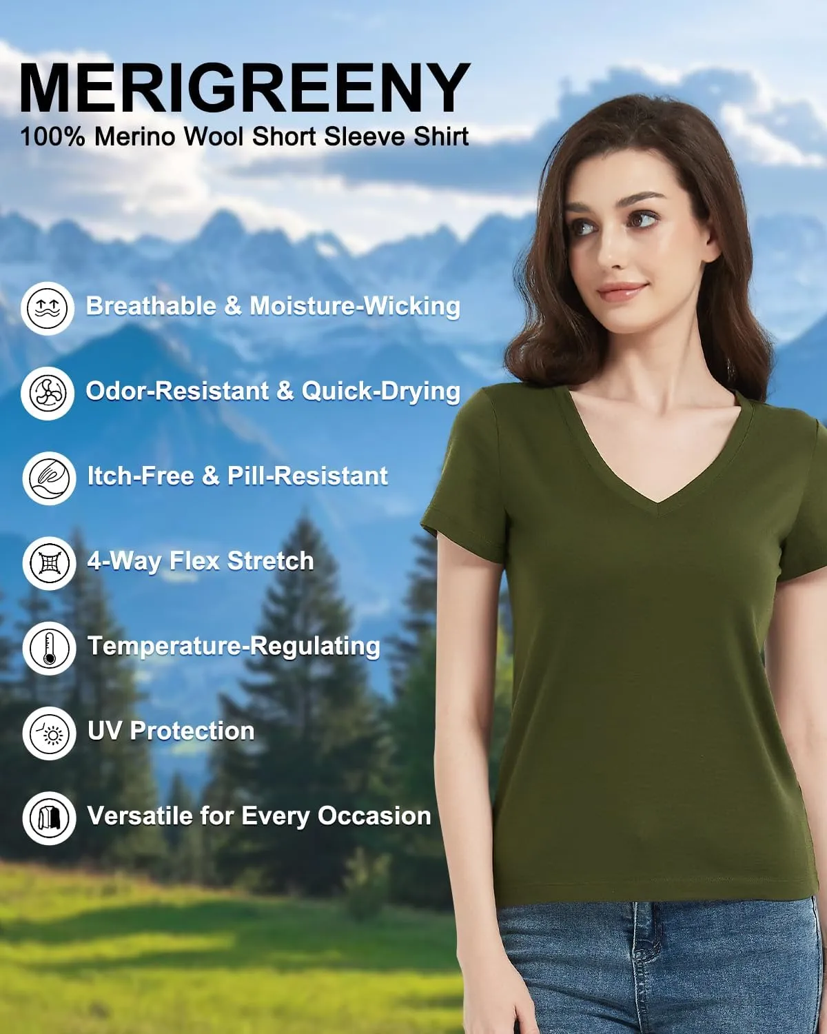 Women's 100% Merino Wool T-Shirt, V Neck Lightweight Moisture-Wicking Athletic Base Layer Tops for Running