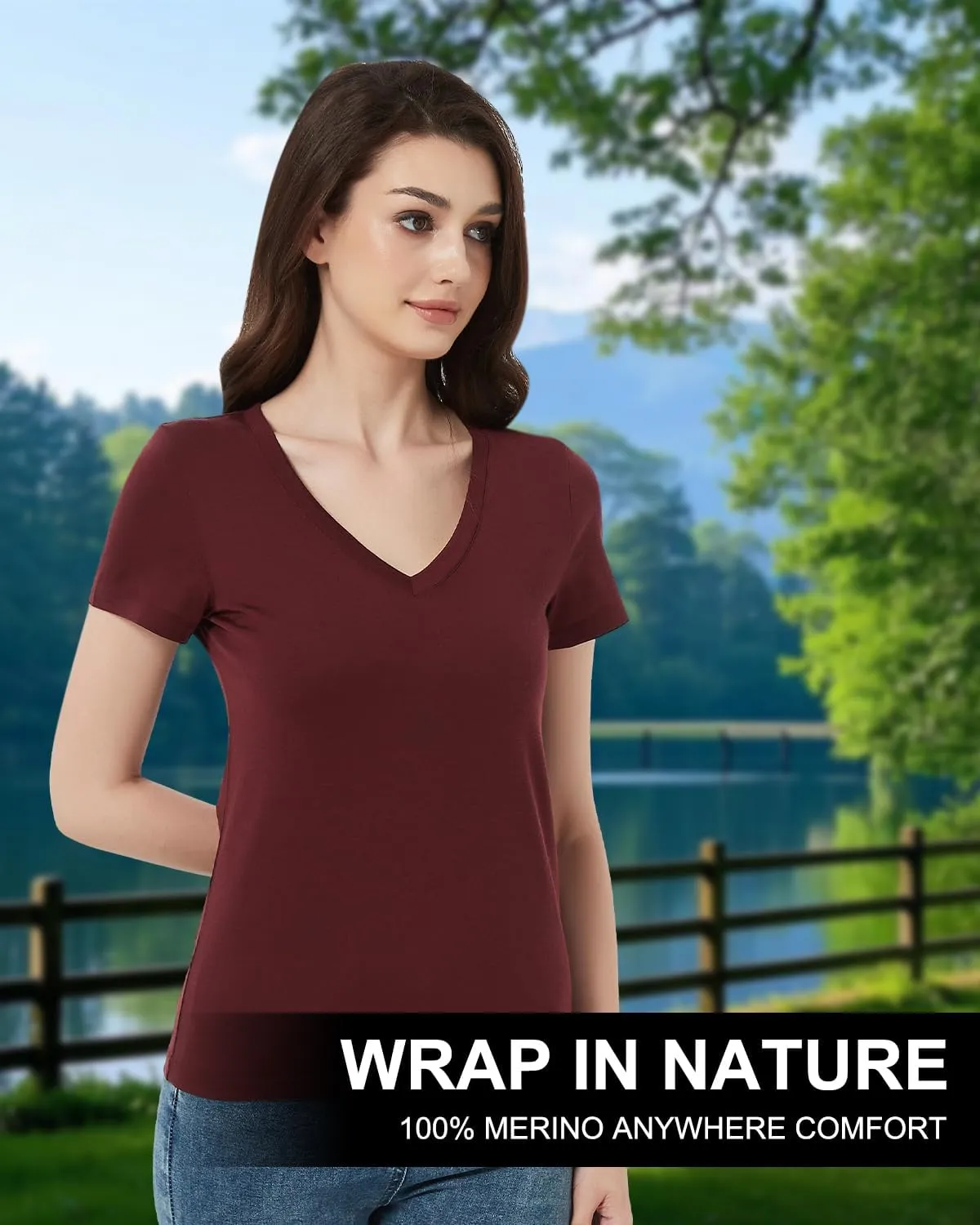 Women's 100% Merino Wool T-Shirt, V Neck Lightweight Moisture-Wicking Athletic Base Layer Tops for Running