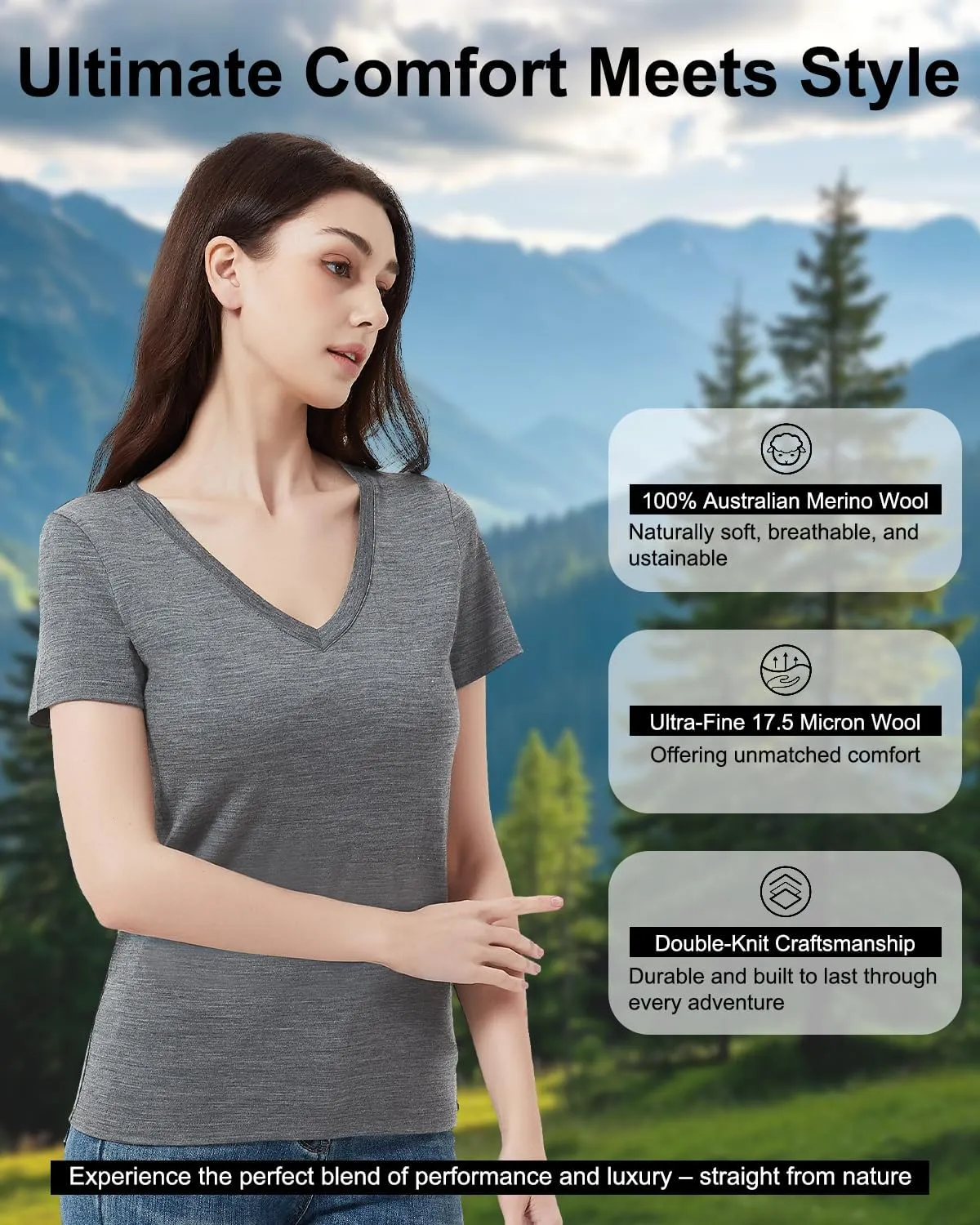 Women's 100% Merino Wool T-Shirt, V Neck Lightweight Moisture-Wicking Athletic Base Layer Tops for Running