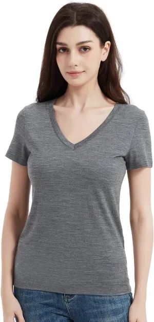 Women's 100% Merino Wool T-Shirt, V Neck Lightweight Moisture-Wicking Athletic Base Layer Tops for Running