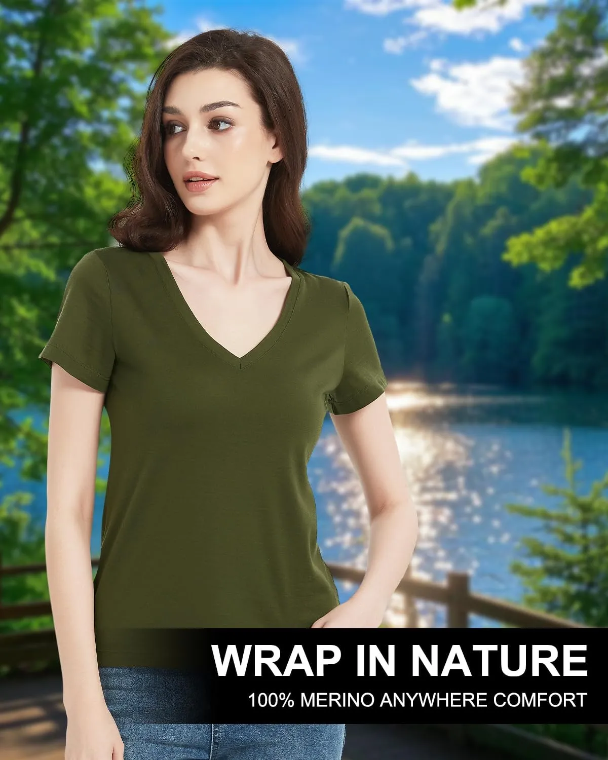 Women's 100% Merino Wool T-Shirt, V Neck Lightweight Moisture-Wicking Athletic Base Layer Tops for Running