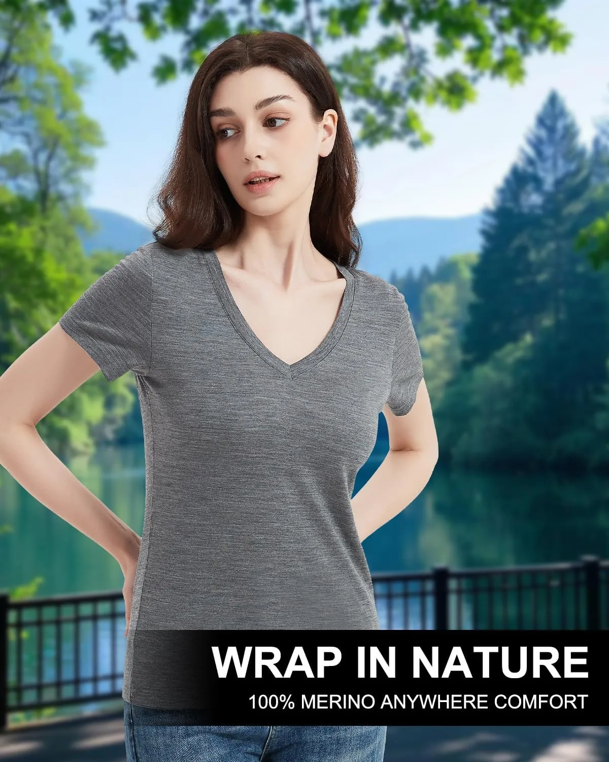 Women's 100% Merino Wool T-Shirt, V Neck Lightweight Moisture-Wicking Athletic Base Layer Tops for Running