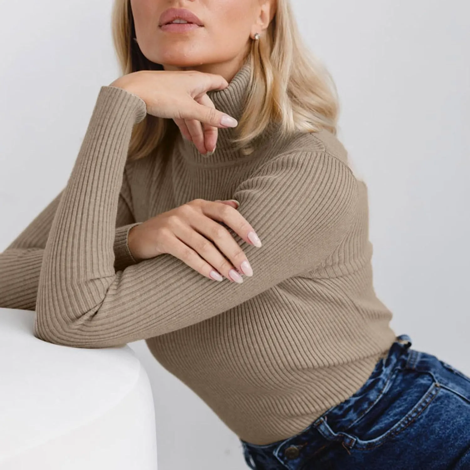 Women's 2024 Fall Long Sleeve Turtleneck T Shirt Ribbed Knit Sweater Slim Fit Basic Casual Fitted Basic Tee Tops