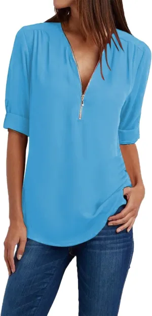 Womens 3/4 Sleeve Shirt Zipper Work Blouses Pullovers V Neck Casual Tunics Tops Pull-up Sleeves Dress Shirts