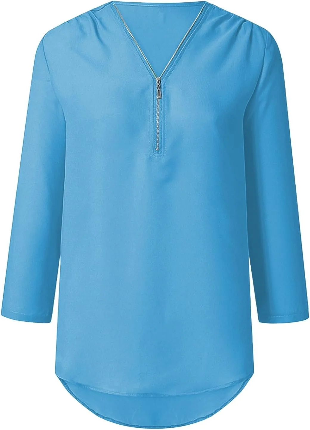 Womens 3/4 Sleeve Shirt Zipper Work Blouses Pullovers V Neck Casual Tunics Tops Pull-up Sleeves Dress Shirts