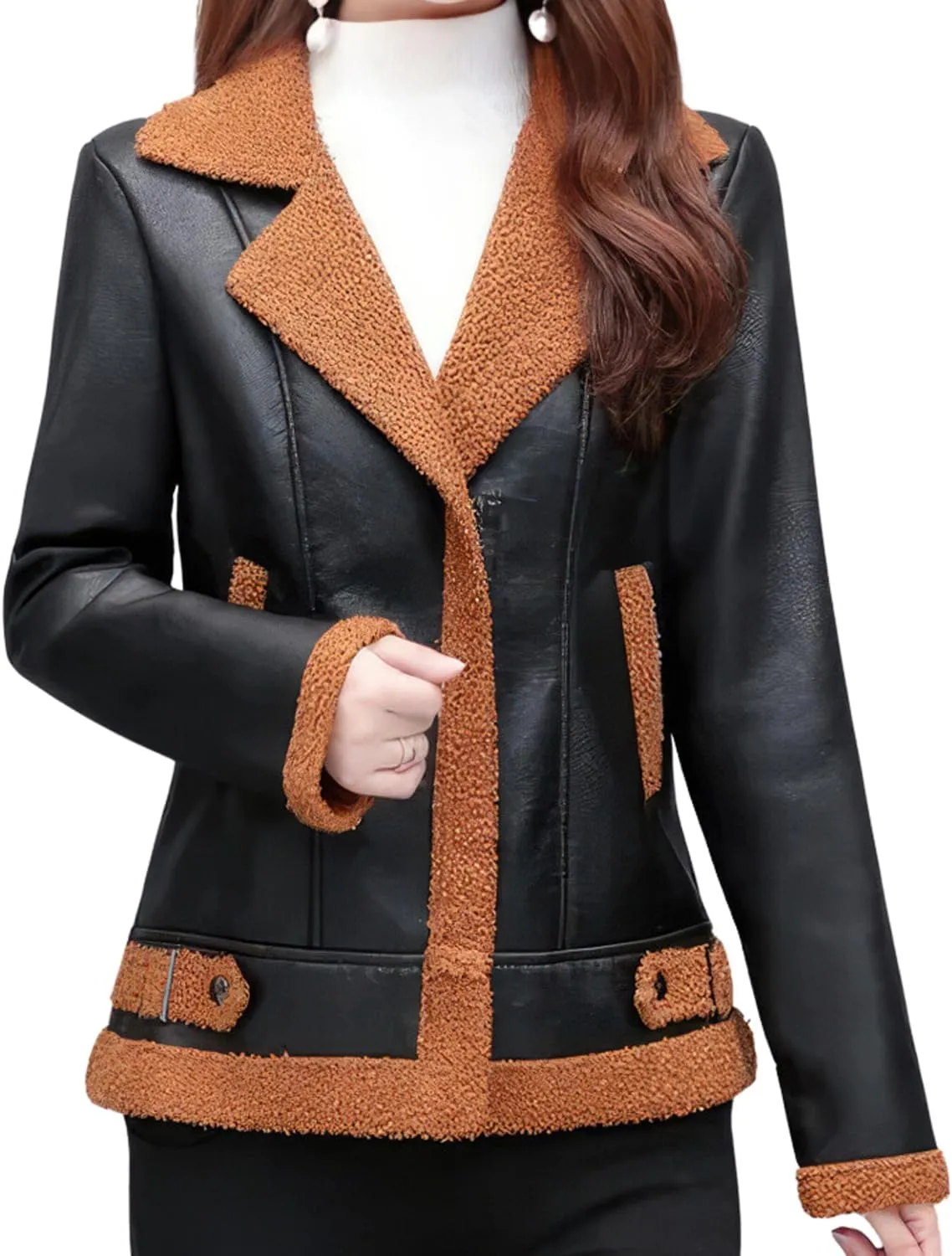 Women’s Black Bomber Genuine Sheepskin Sherpa Shearling Faux Fur Lined Winter Warm Fashion Chic Slim Fit Leather Jacket