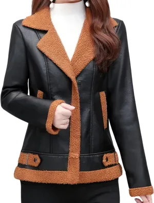 Women’s Black Bomber Genuine Sheepskin Sherpa Shearling Faux Fur Lined Winter Warm Fashion Chic Slim Fit Leather Jacket