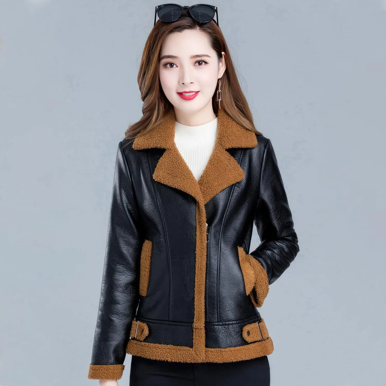 Women’s Black Bomber Genuine Sheepskin Sherpa Shearling Faux Fur Lined Winter Warm Fashion Chic Slim Fit Leather Jacket
