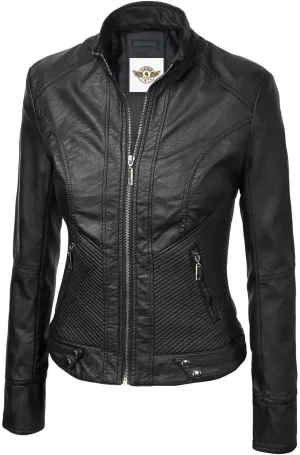 Women's Black Leather Moto Jacket, Asymmetric Zip Front, Quilted Panels