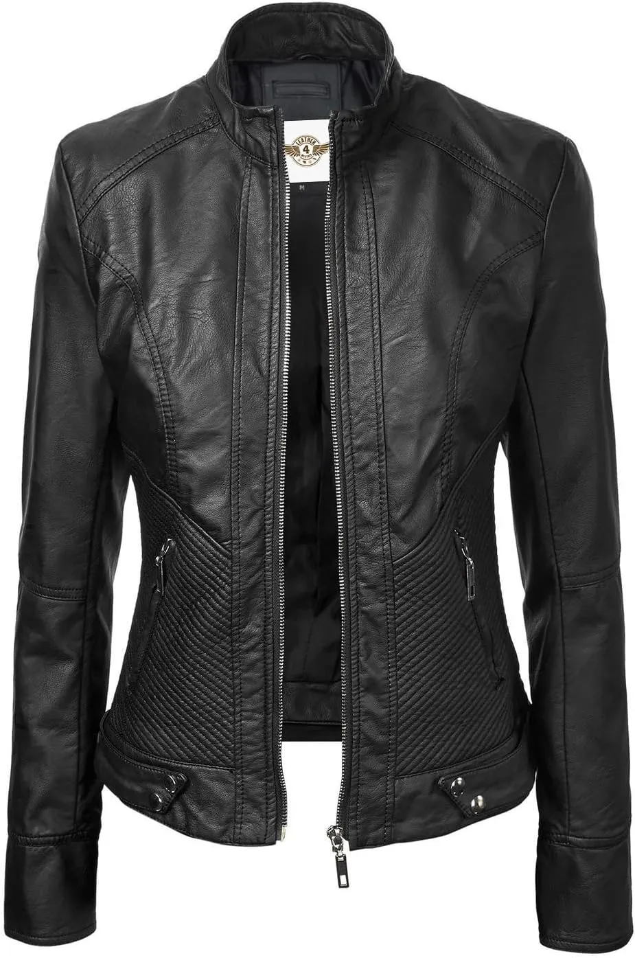 Women's Black Leather Moto Jacket, Asymmetric Zip Front, Quilted Panels