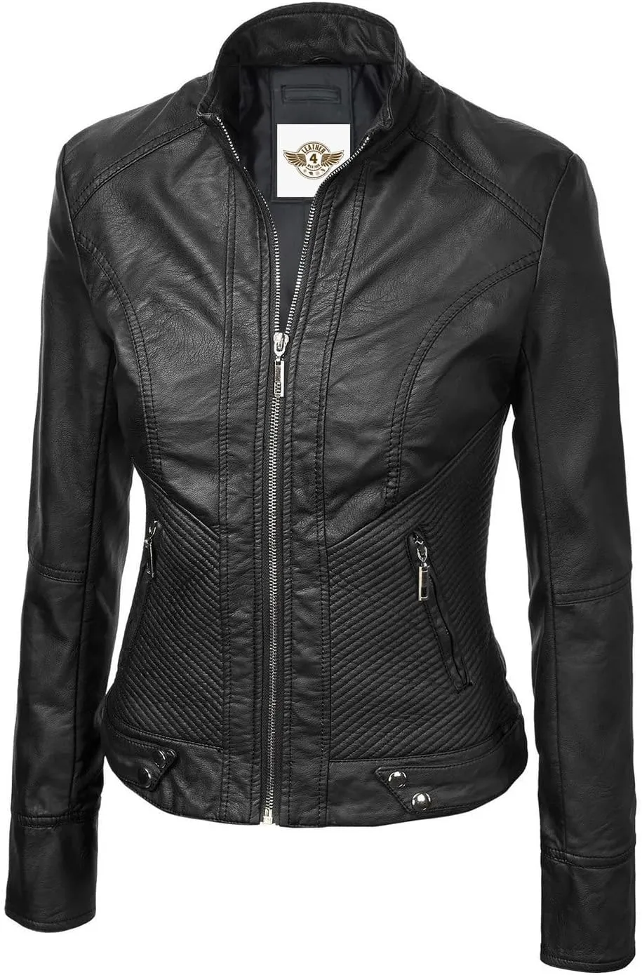 Women's Black Leather Moto Jacket, Asymmetric Zip Front, Quilted Panels