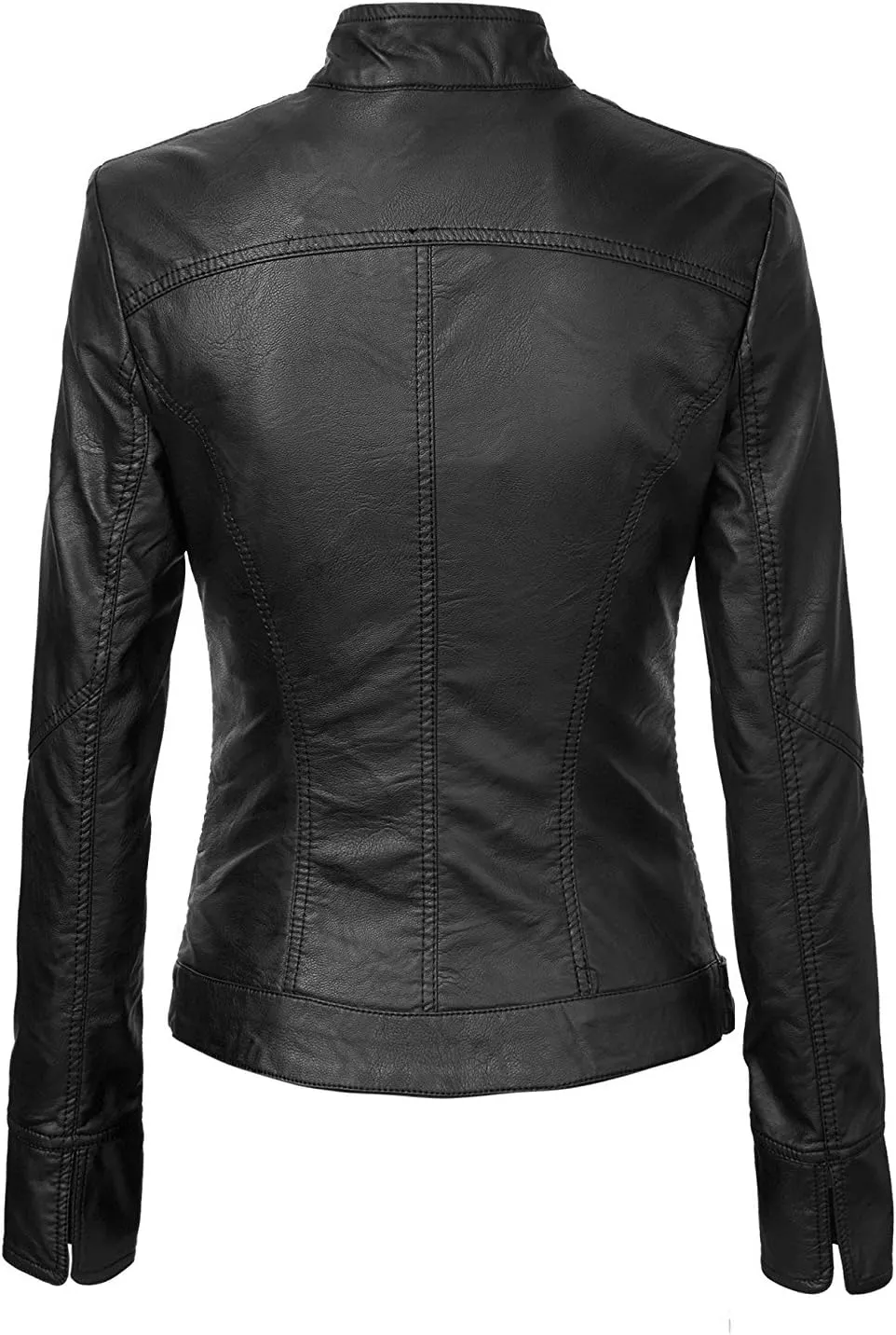 Women's Black Leather Moto Jacket, Asymmetric Zip Front, Quilted Panels