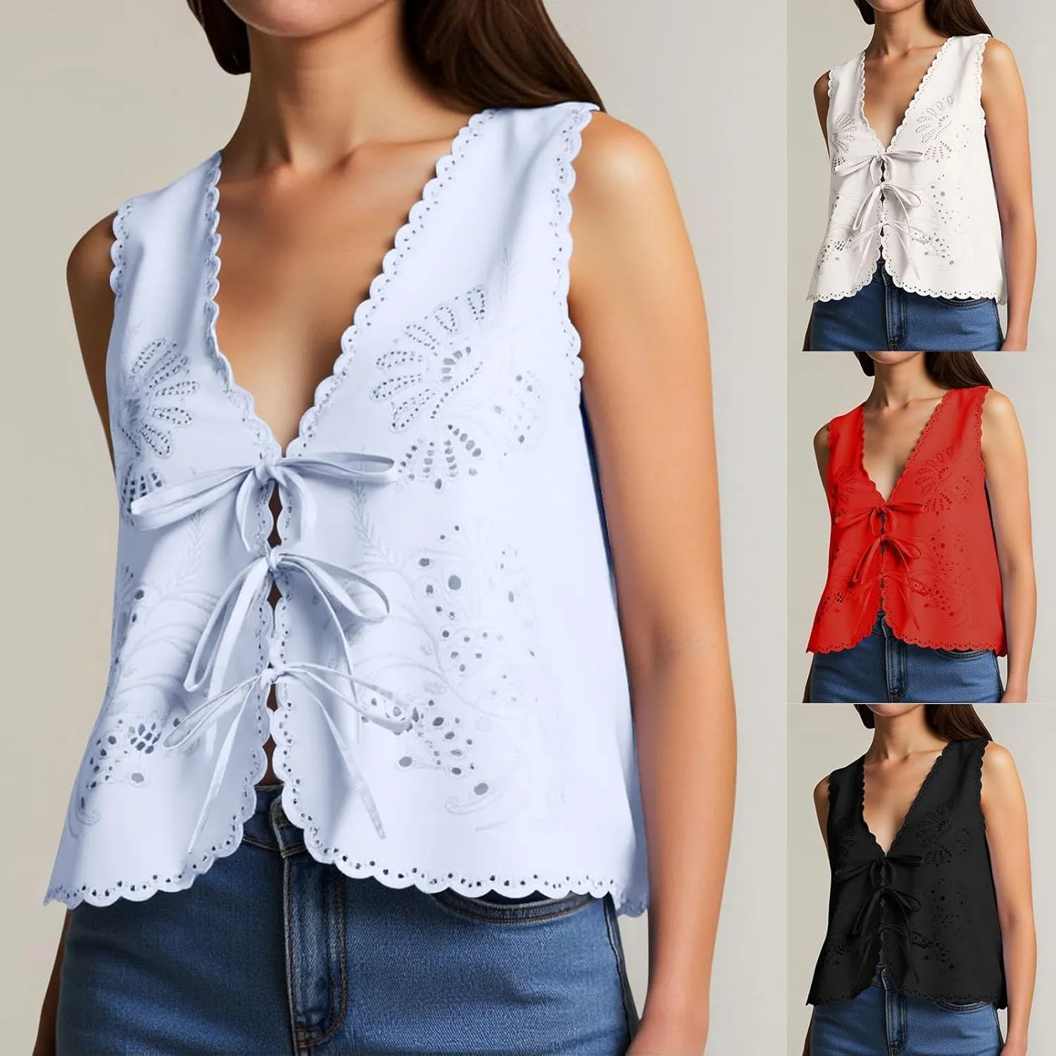 Women's Boho Y2K Tops Adjustable Tie Front Floral Eyelet Crochet Tanks for Summer Beach/Resort/Weekend Outfits​