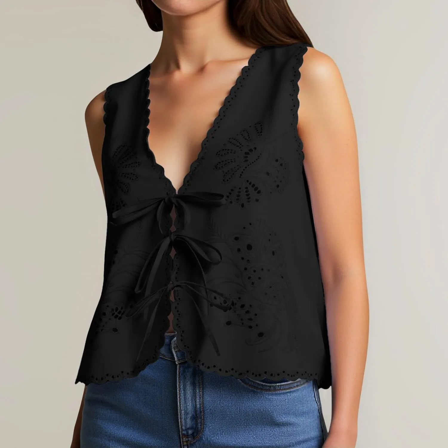 Women's Boho Y2K Tops Adjustable Tie Front Floral Eyelet Crochet Tanks for Summer Beach/Resort/Weekend Outfits​