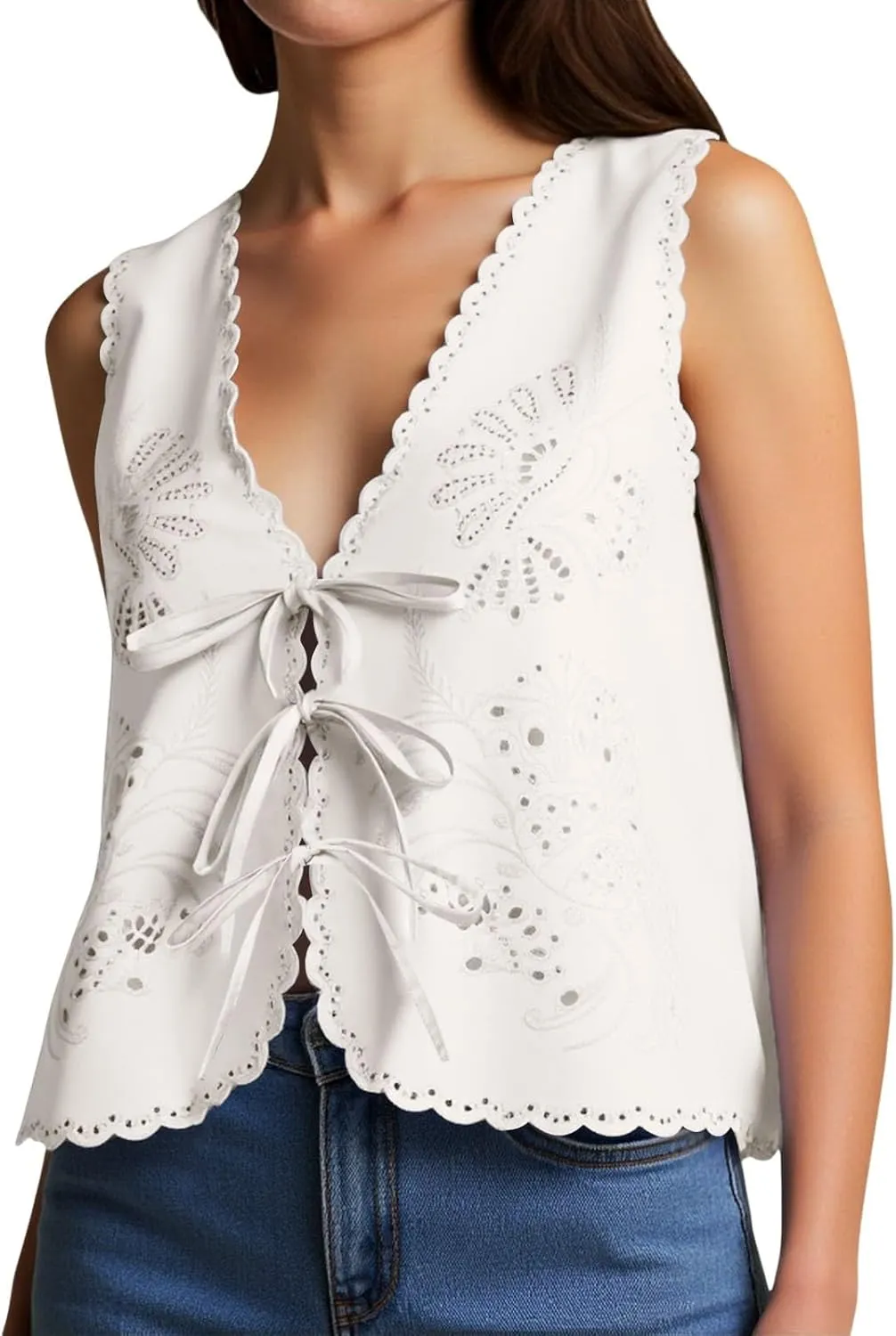 Women's Boho Y2K Tops Adjustable Tie Front Floral Eyelet Crochet Tanks for Summer Beach/Resort/Weekend Outfits​
