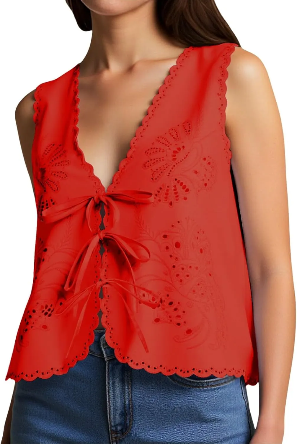 Women's Boho Y2K Tops Adjustable Tie Front Floral Eyelet Crochet Tanks for Summer Beach/Resort/Weekend Outfits​