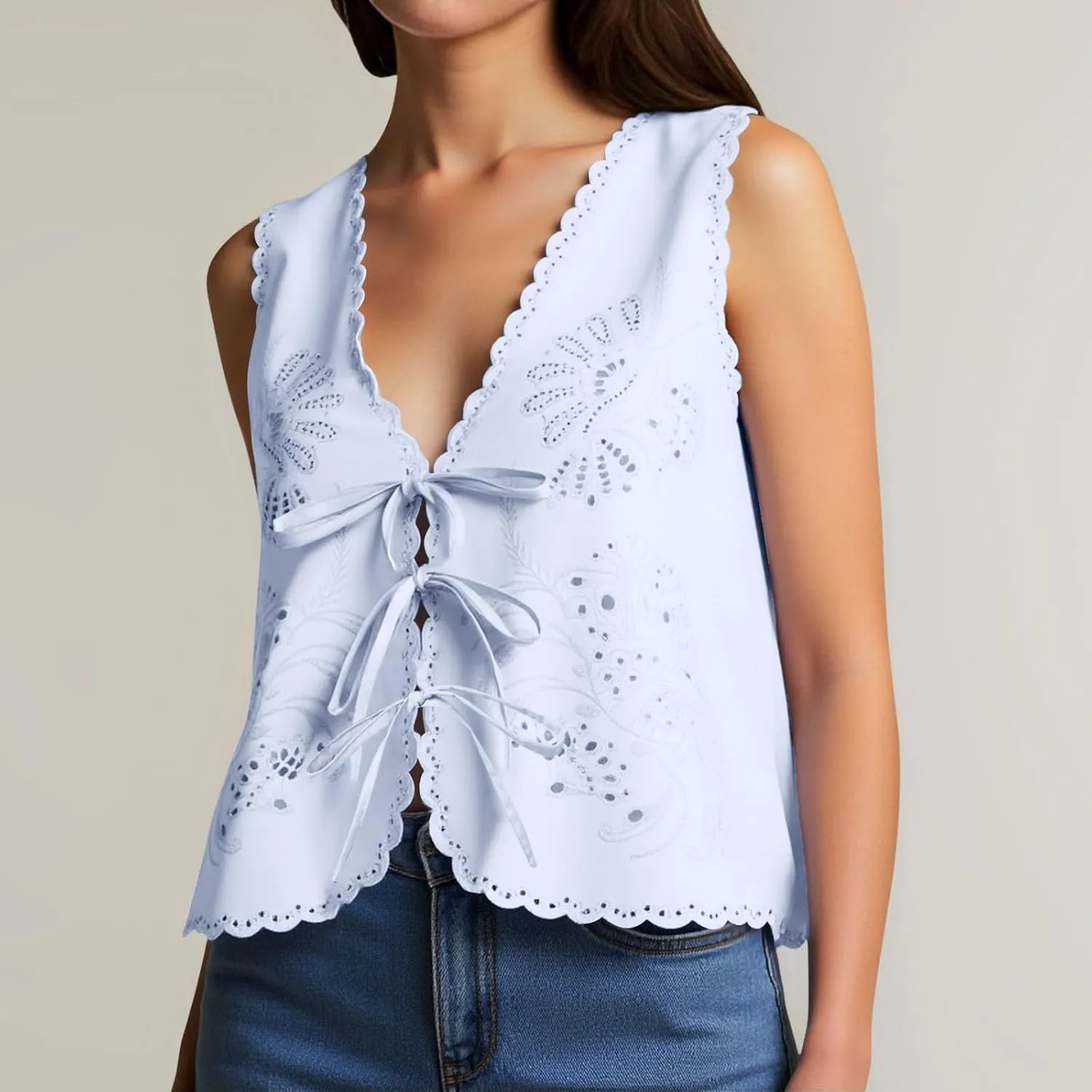 Women's Boho Y2K Tops Adjustable Tie Front Floral Eyelet Crochet Tanks for Summer Beach/Resort/Weekend Outfits​