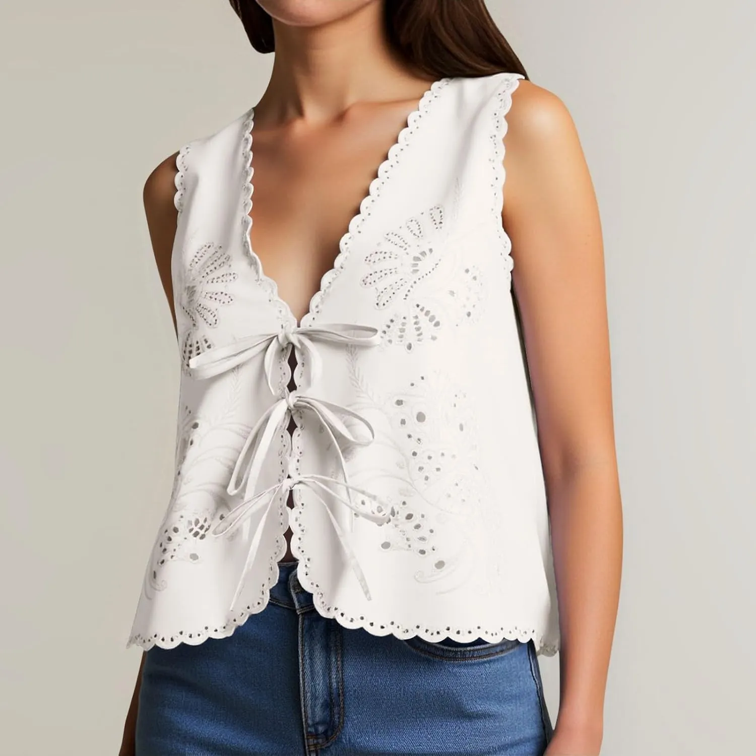 Women's Boho Y2K Tops Adjustable Tie Front Floral Eyelet Crochet Tanks for Summer Beach/Resort/Weekend Outfits​