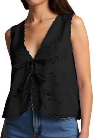 Women's Boho Y2K Tops Adjustable Tie Front Floral Eyelet Crochet Tanks for Summer Beach/Resort/Weekend Outfits​