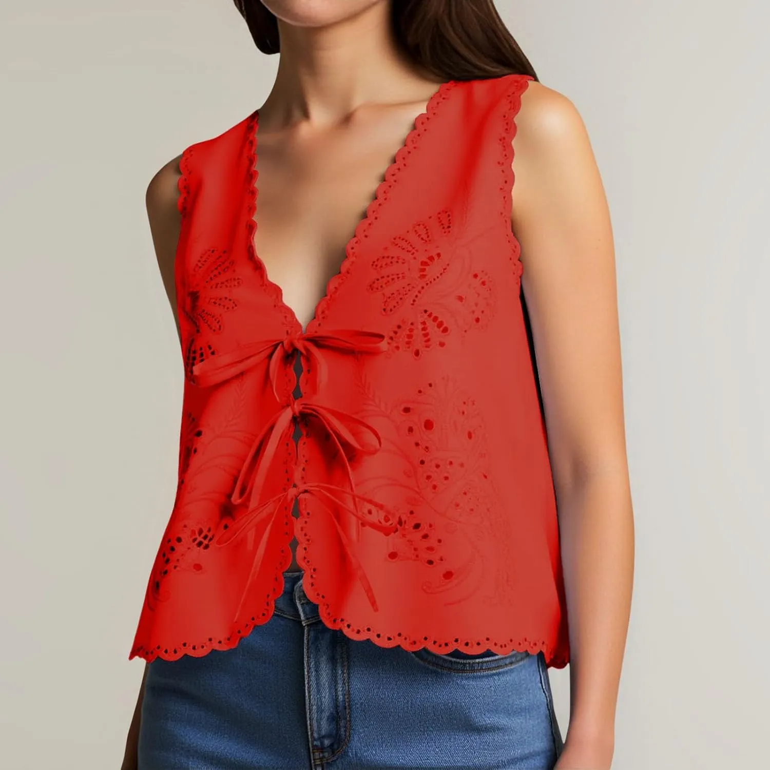 Women's Boho Y2K Tops Adjustable Tie Front Floral Eyelet Crochet Tanks for Summer Beach/Resort/Weekend Outfits​