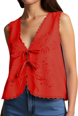Women's Boho Y2K Tops Adjustable Tie Front Floral Eyelet Crochet Tanks for Summer Beach/Resort/Weekend Outfits​