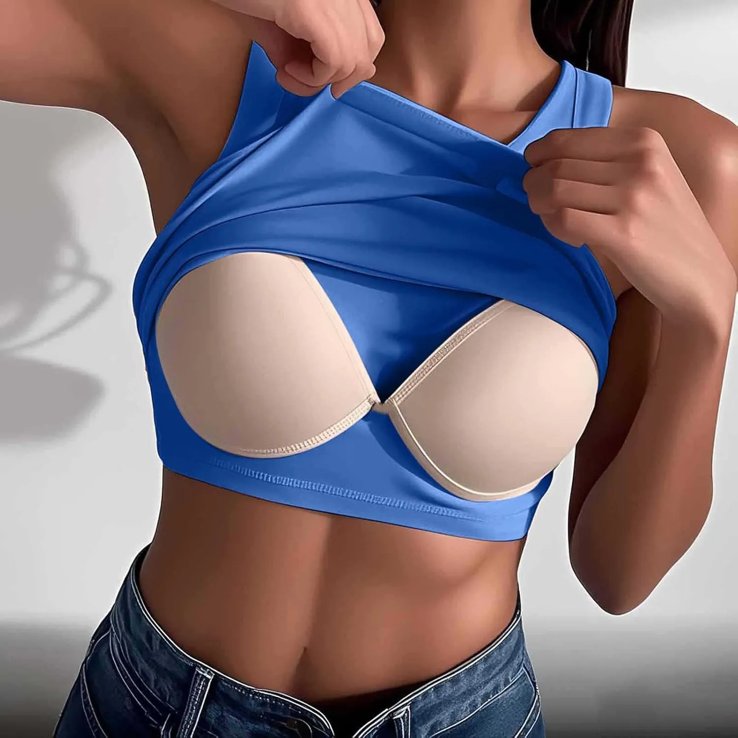 Womens Built-in Bra Tank Top High Neck Crop Tops Soft Support Sleeveless Shirts Summer Solid Basic Tees Everyday Wear