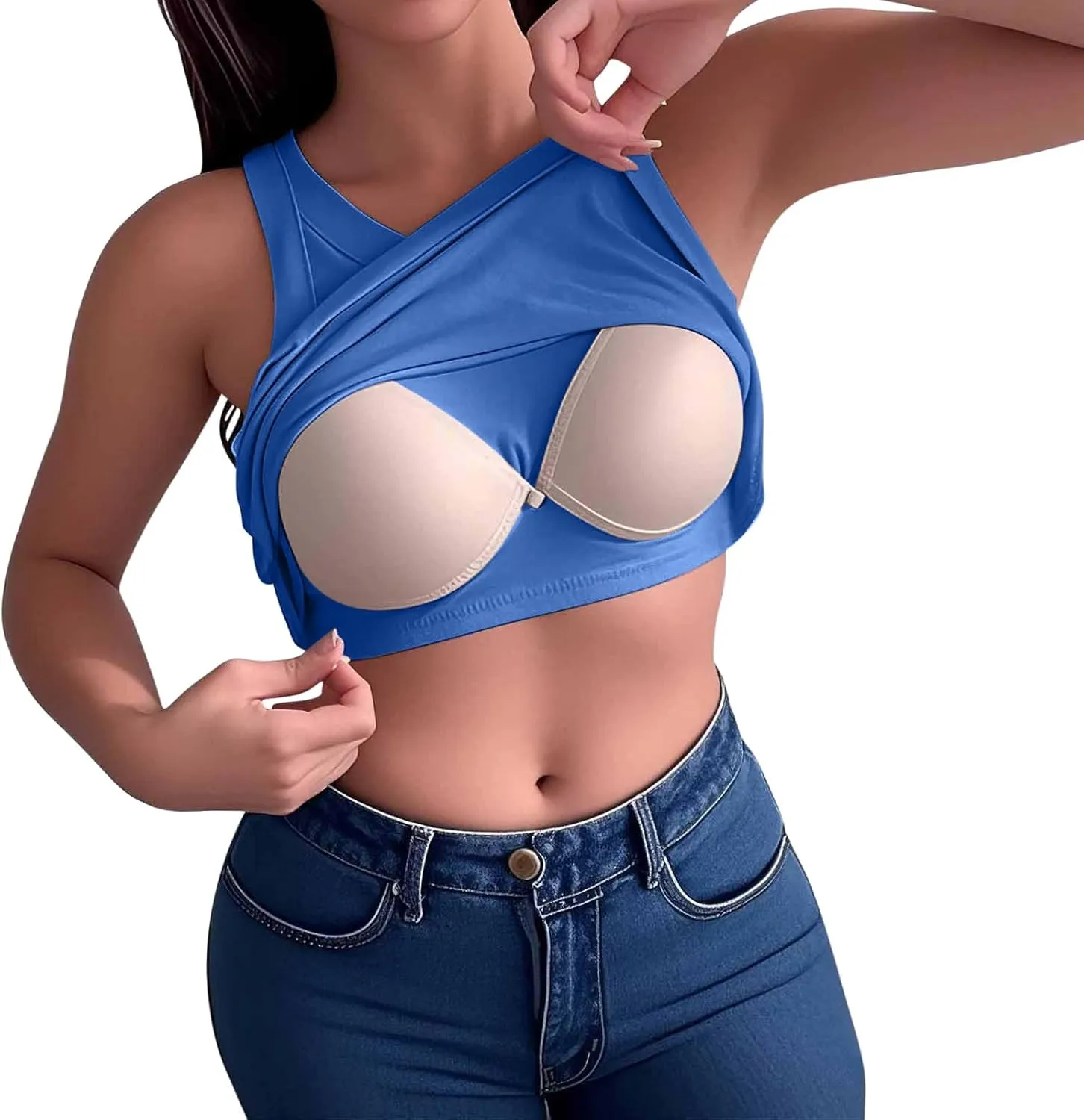 Womens Built-in Bra Tank Top High Neck Crop Tops Soft Support Sleeveless Shirts Summer Solid Basic Tees Everyday Wear