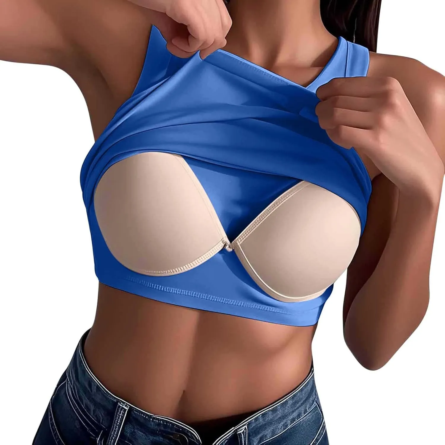 Womens Built-in Bra Tank Top High Neck Crop Tops Soft Support Sleeveless Shirts Summer Solid Basic Tees Everyday Wear