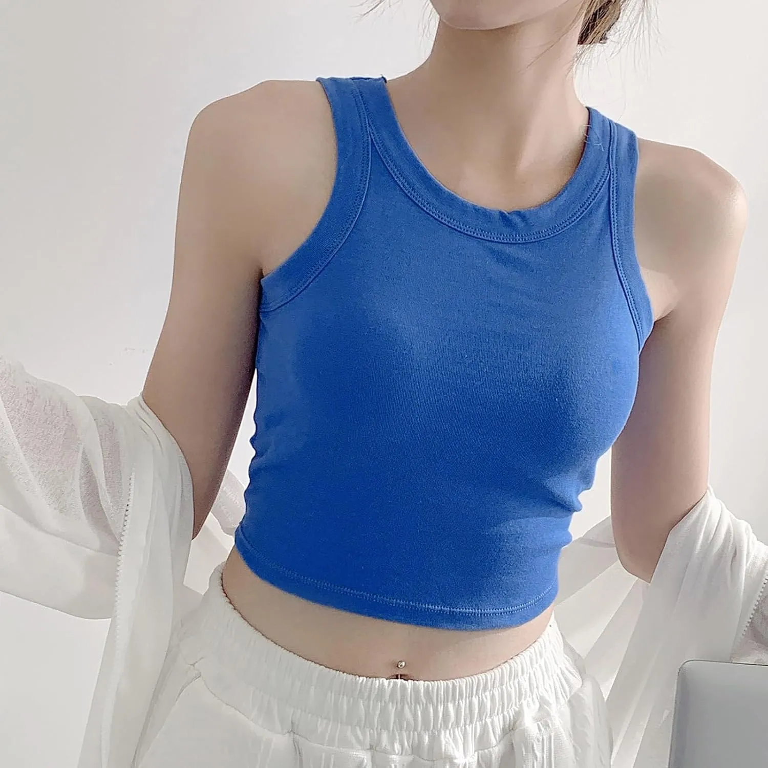 Womens Built-in Bra Tank Top High Neck Crop Tops Soft Support Sleeveless Shirts Summer Solid Basic Tees Everyday Wear