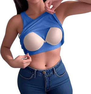 Womens Built-in Bra Tank Top High Neck Crop Tops Soft Support Sleeveless Shirts Summer Solid Basic Tees Everyday Wear
