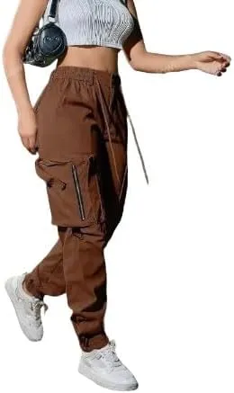 Women's Cargo Jogger Pants – Elastic Waist, Drawstring, Flap Pockets, and Zipper Accents in Multiple Colors