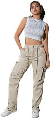 Women's Cargo Jogger Pants – Elastic Waist, Drawstring, Flap Pockets, and Zipper Accents in Multiple Colors