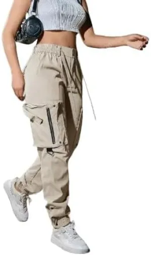 Women's Cargo Jogger Pants – Elastic Waist, Drawstring, Flap Pockets, and Zipper Accents in Multiple Colors