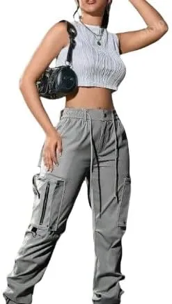 Women's Cargo Jogger Pants – Elastic Waist, Drawstring, Flap Pockets, and Zipper Accents in Multiple Colors