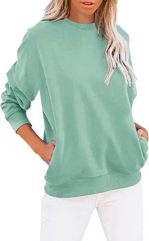 Women's Casual Long Sleeve Shirts Color Block/Solid Blouses Crewneck Sweatshirts Cute Loose Fit Pullovers Tops with Pockets
