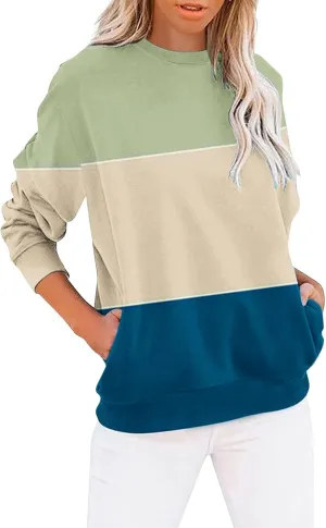 Women's Casual Long Sleeve Shirts Color Block/Solid Blouses Crewneck Sweatshirts Cute Loose Fit Pullovers Tops with Pockets