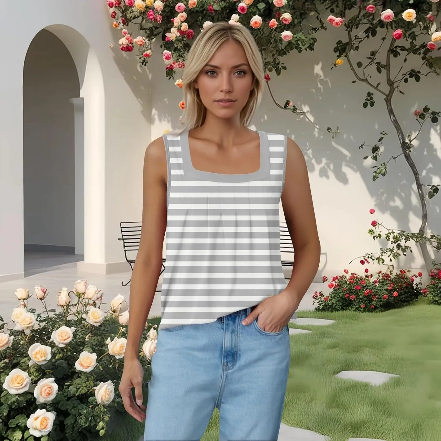 Women's Casual Red and White Striped Sleeveless Top Summer Fashion Square Neck Tank for Everyday Wear