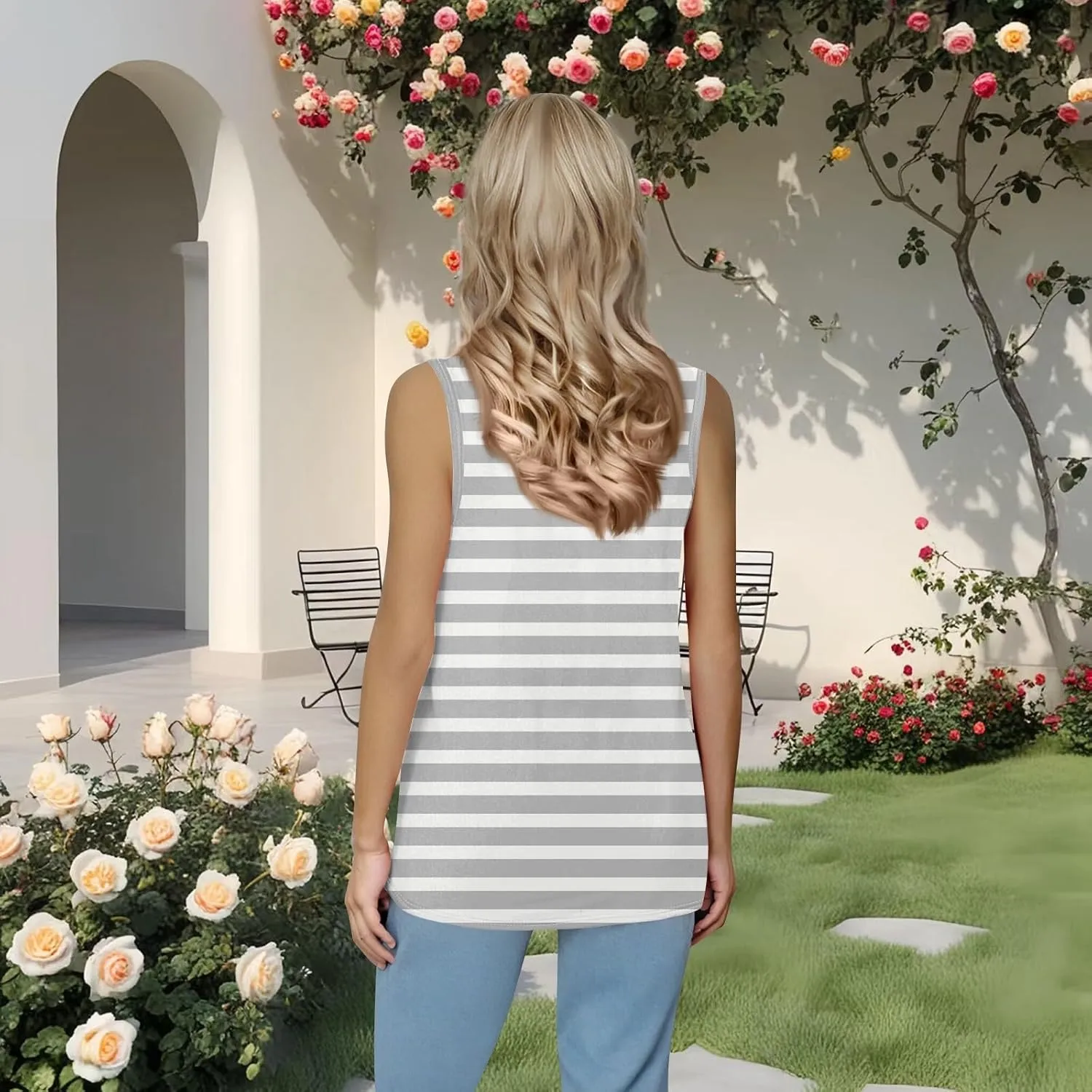 Women's Casual Red and White Striped Sleeveless Top Summer Fashion Square Neck Tank for Everyday Wear
