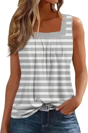 Women's Casual Red and White Striped Sleeveless Top Summer Fashion Square Neck Tank for Everyday Wear