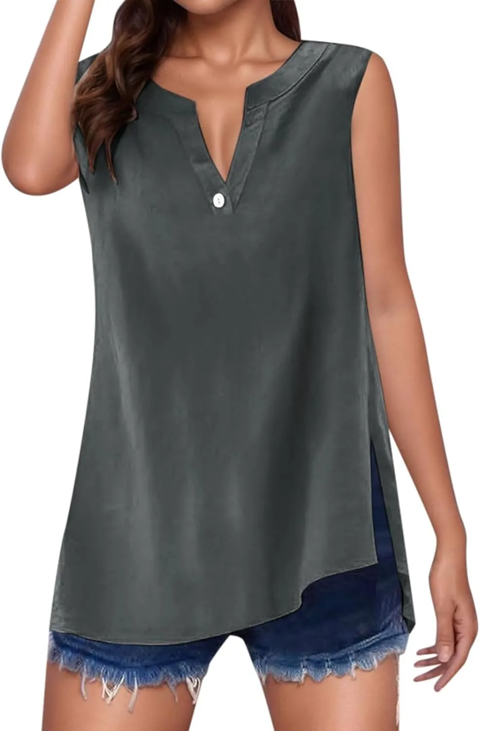 Women's Cotton Linen Tops Breathable V-Neck Tunic Tank with Buttons for ​​Summer ​​Beach/Office/Weekend Outfits​