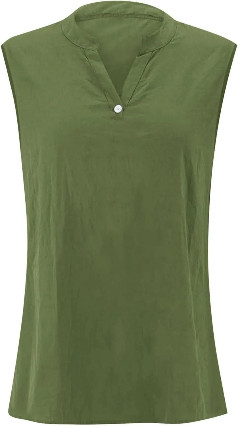Women's Cotton Linen Tops Breathable V-Neck Tunic Tank with Buttons for ​​Summer ​​Beach/Office/Weekend Outfits​