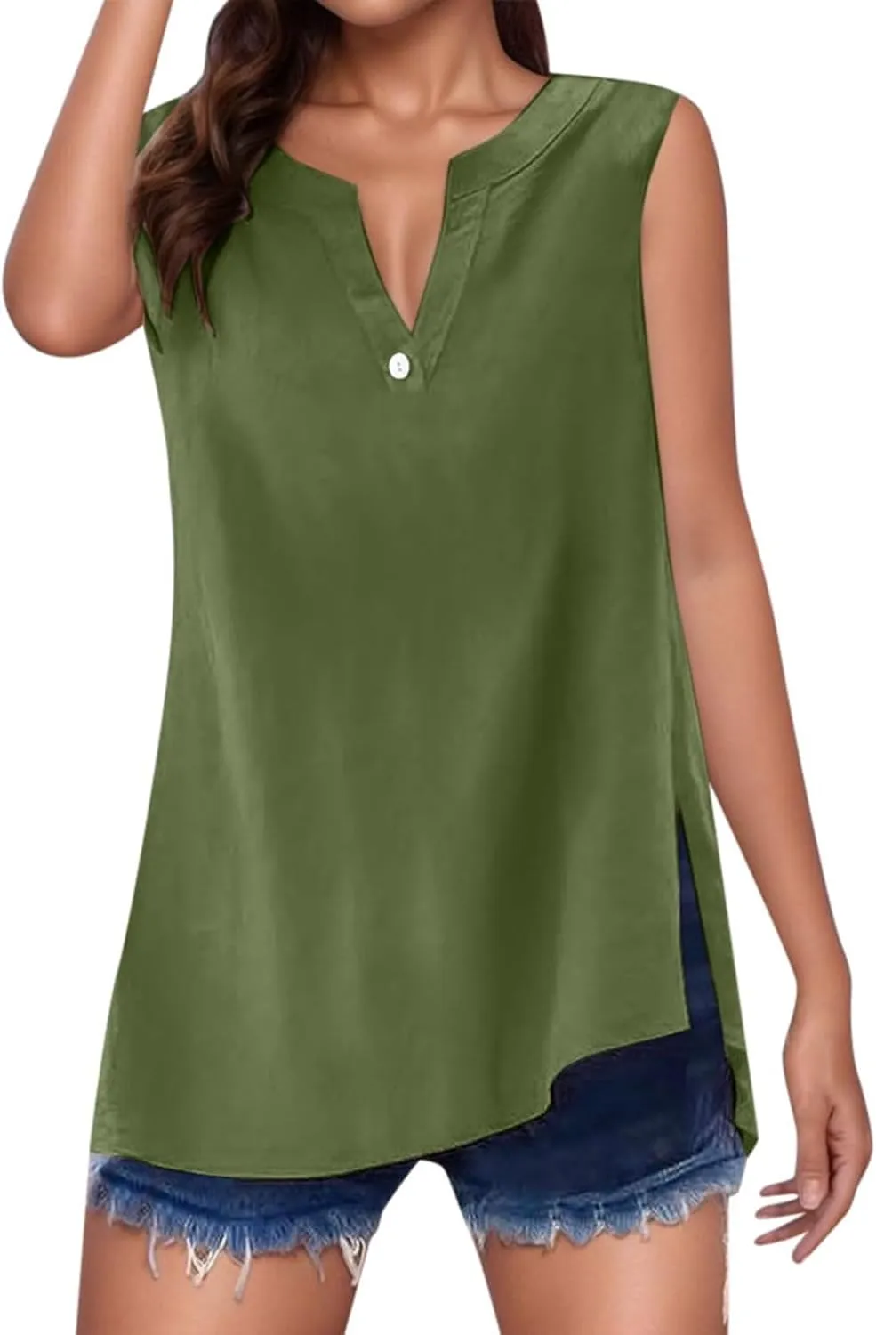 Women's Cotton Linen Tops Breathable V-Neck Tunic Tank with Buttons for ​​Summer ​​Beach/Office/Weekend Outfits​