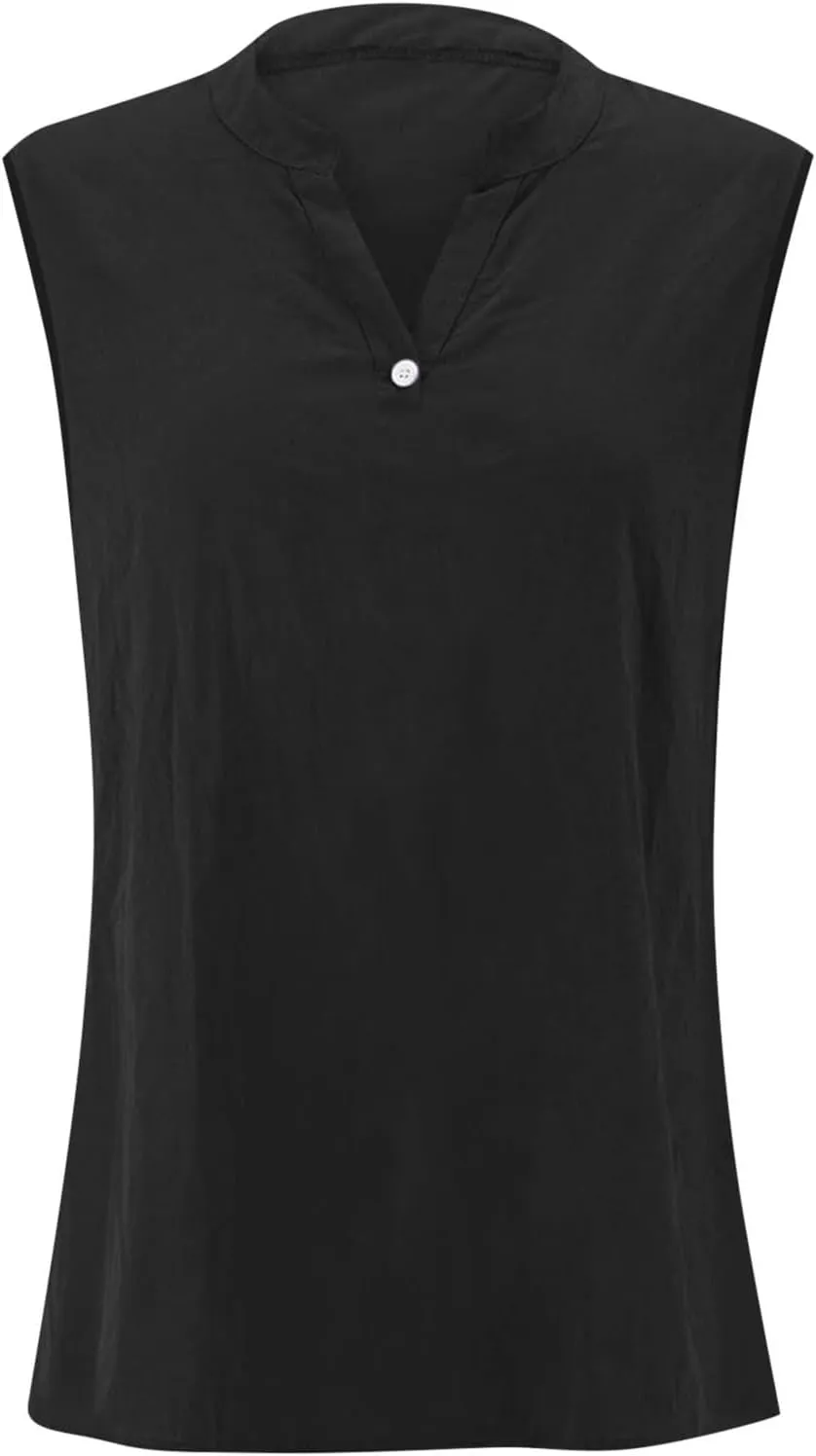 Women's Cotton Linen Tops Breathable V-Neck Tunic Tank with Buttons for ​​Summer ​​Beach/Office/Weekend Outfits​