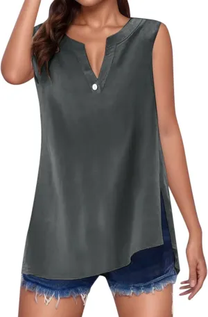 Women's Cotton Linen Tops Breathable V-Neck Tunic Tank with Buttons for ​​Summer ​​Beach/Office/Weekend Outfits​
