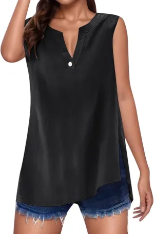 Women's Cotton Linen Tops Breathable V-Neck Tunic Tank with Buttons for ​​Summer ​​Beach/Office/Weekend Outfits​